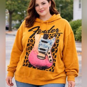 Fender Graphic Hoodie Mustard Yellow Guitar Leopard Print